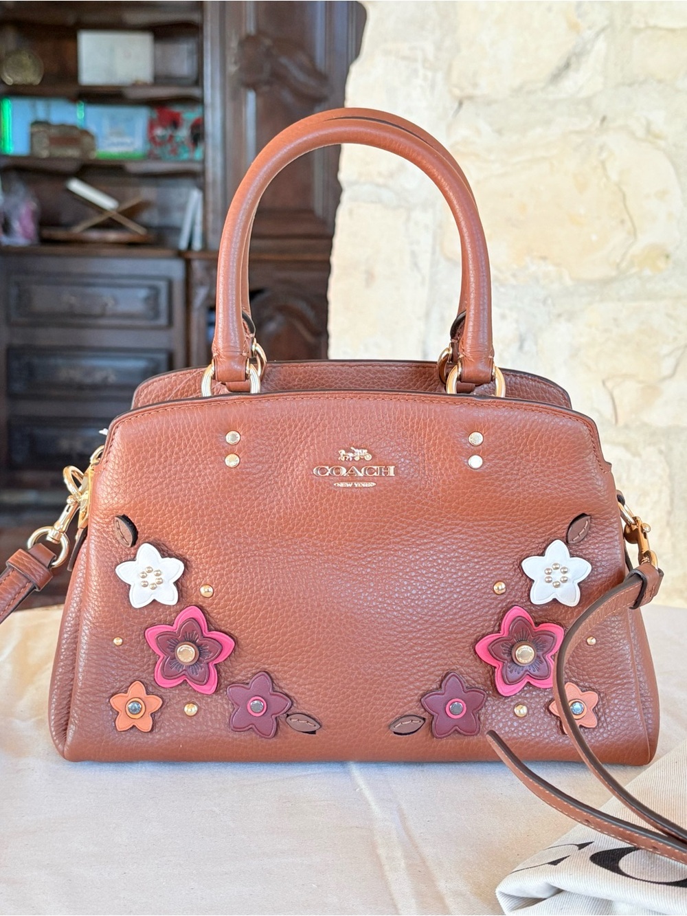 Coach Brown Leather Satchel with Floral Appliqués